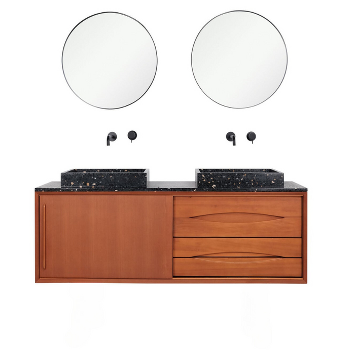 Bathroom set Bill Teak - Black Terrazzo top plate and sinks - Wooden legs