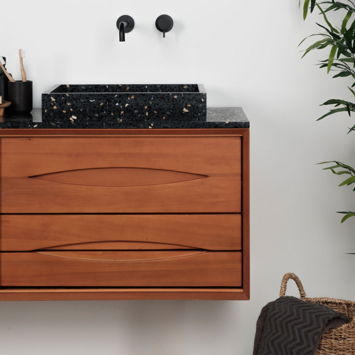 Ensemble de salle de bain Bill Teak - Plateau et lavabos en terrazzo noir - Pieds en bois