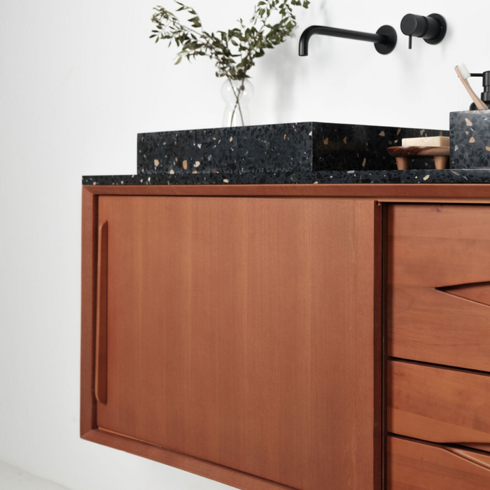 Bathroom set Bill Teak - Black Terrazzo top plate and sinks - Wooden legs