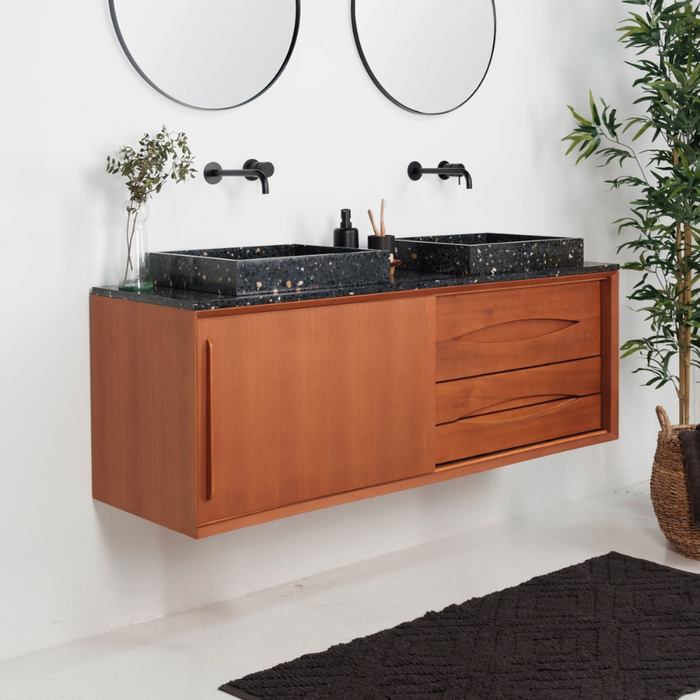 Ensemble de salle de bain Bill Teak - Plateau et lavabos en terrazzo noir - Pieds en bois