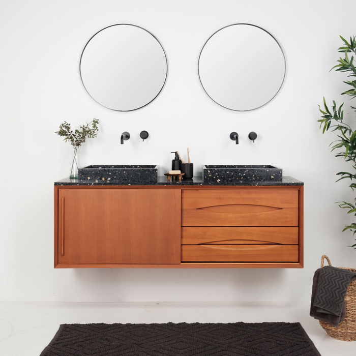 Ensemble de salle de bain Bill Teak - Plateau et lavabos en terrazzo noir - Pieds en bois