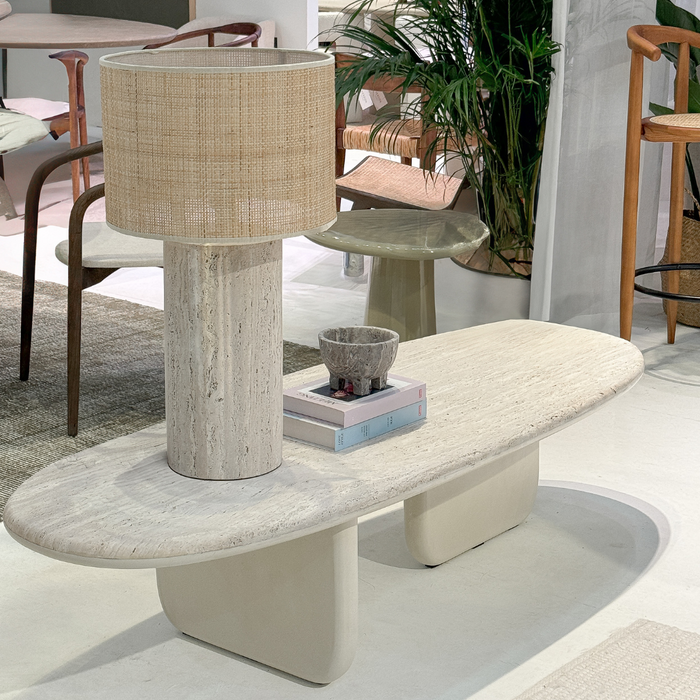 Travertine coffee table Ido - Latte Microskin base - White sandstone top unfilled