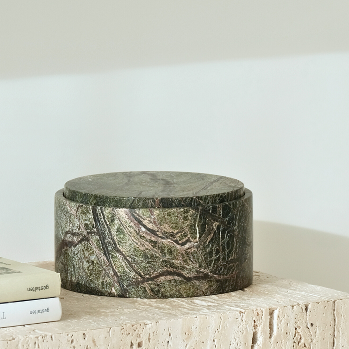 Travertin förvaringsskål med lock - Skogsgrön marmor - H12 cm