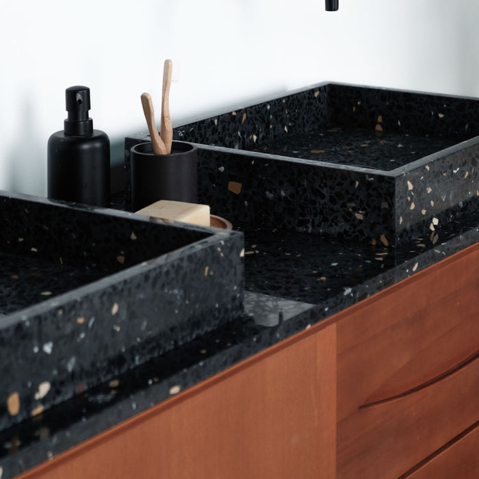 Ensemble de salle de bain Bill Teak - Plateau et lavabos en terrazzo noir - Pieds en bois